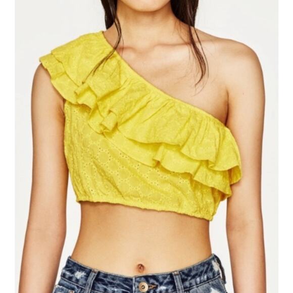 Zara Cropped Yellow Trafaluc Brazil One Shoulder Top - Picture 1 of 5
